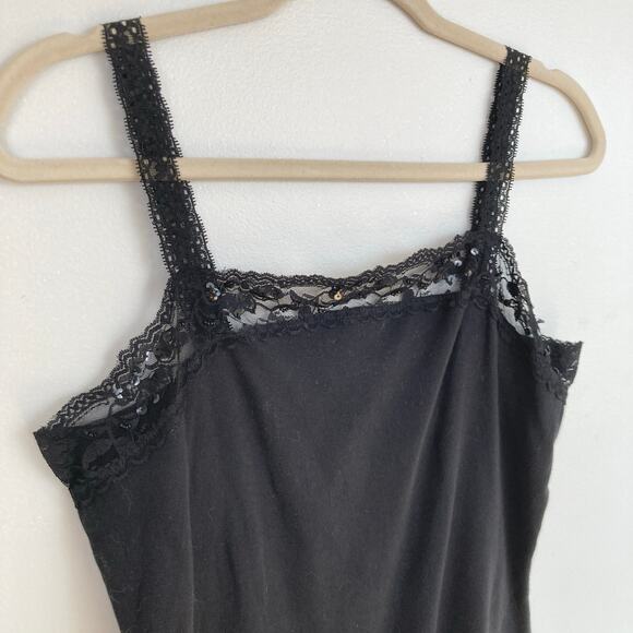 Y2K St Johns Bay Womens M Black Lace Trim Sequin Stretch Cami Coquette Twilight - Picture 1 of 10